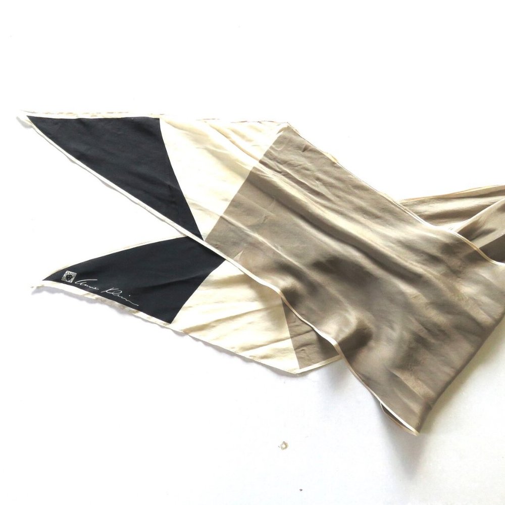 Vintage Anne Klein Scarf / Vintage Black Ivory Tan Printed Scarf by Anne Klein
